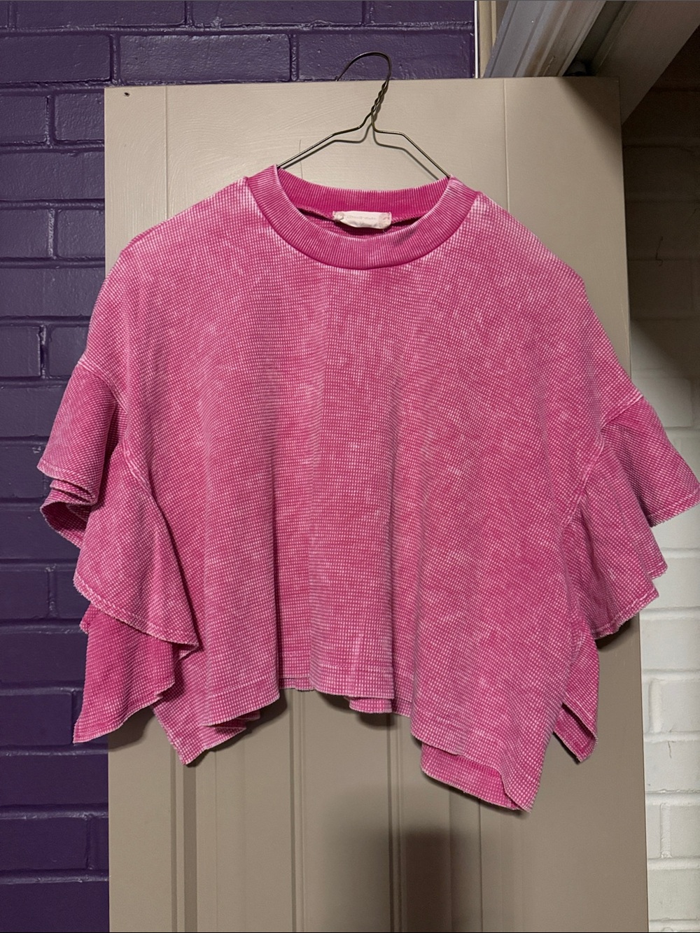 Altar'd State Hot Pink Ruffle-Sleeve Cropped Sweatshirt